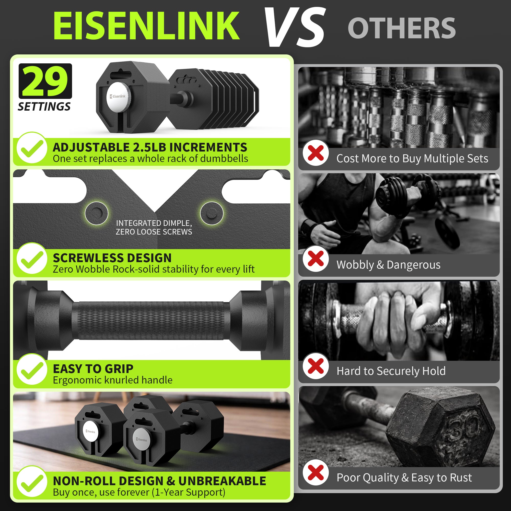 Eisenlink Adjustable Dumbbell Set, 9.5-50/80lb, 2.5lb Increments, Quick-Lock Octagonal Weight Dumbbells for Home Gym Fitness (50/80lb×2)