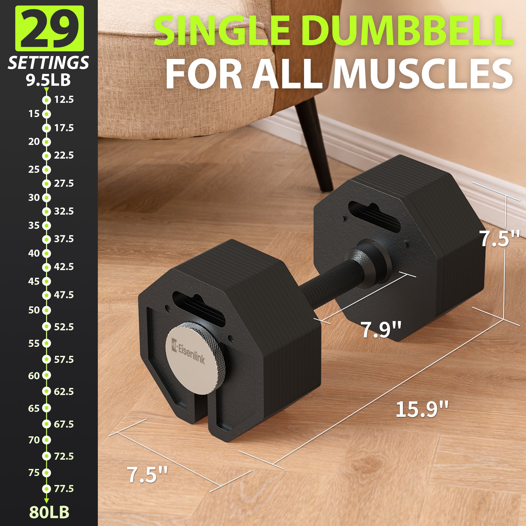 Eisenlink Adjustable Dumbbell Set, 9.5-50/80lb, 2.5lb Increments, Quick-Lock Octagonal Weight Dumbbells for Home Gym Fitness (50/80lb×2)