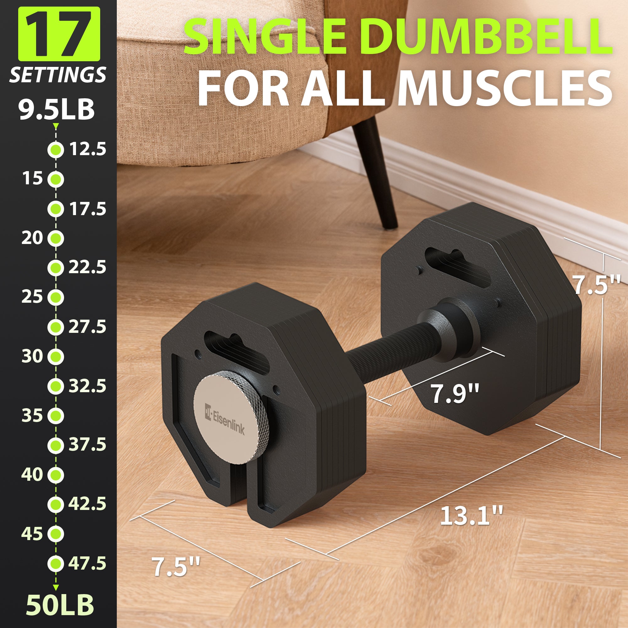 Eisenlink Adjustable Dumbbell Set, 9.5-50/80lb, 2.5lb Increments, Quick-Lock Octagonal Weight Dumbbells for Home Gym Fitness (50/80lb×2)