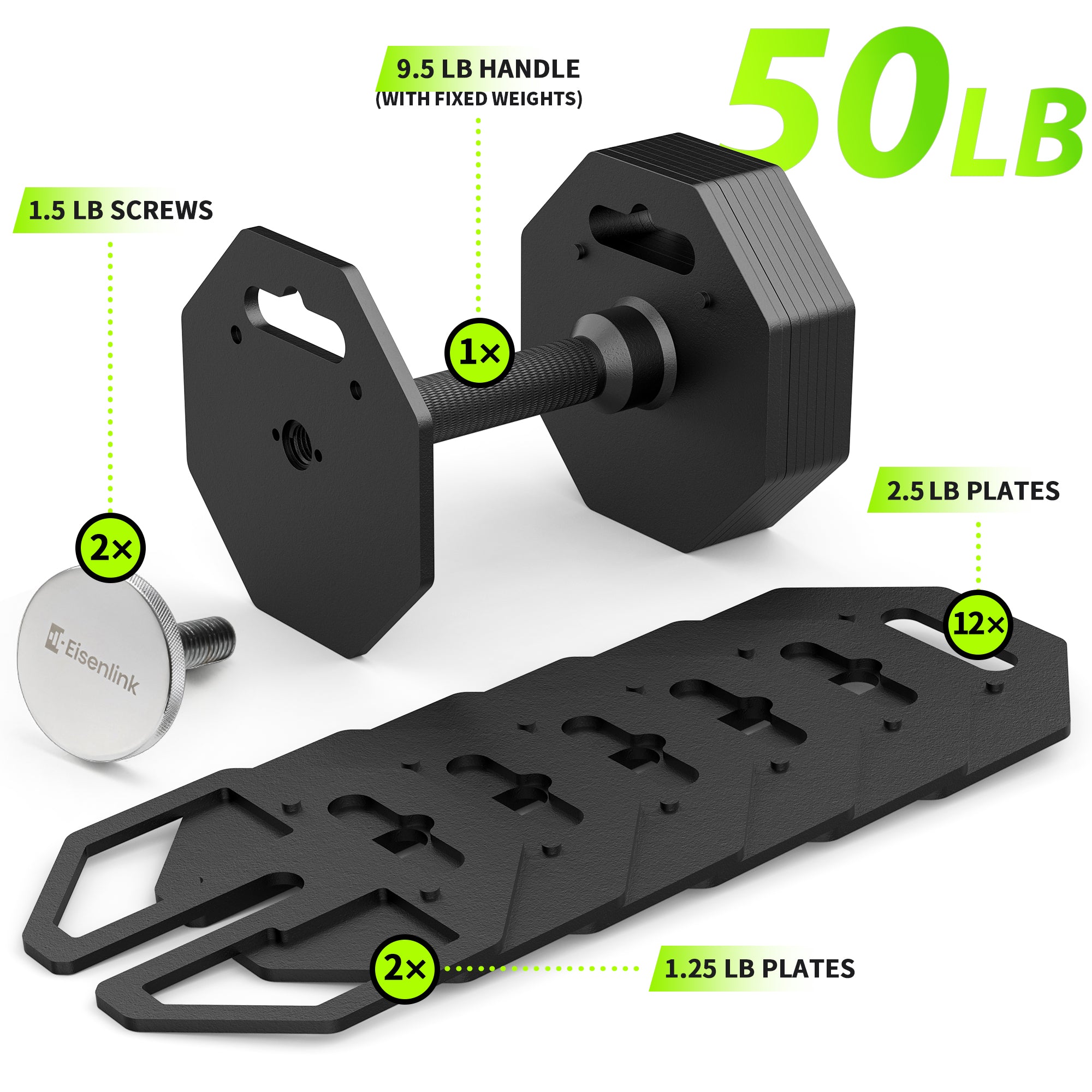 Eisenlink Adjustable Dumbbell Set, 9.5-50/80lb, 2.5lb Increments, Quick-Lock Octagonal Weight Dumbbells for Home Gym Fitness (50/80lb×2)