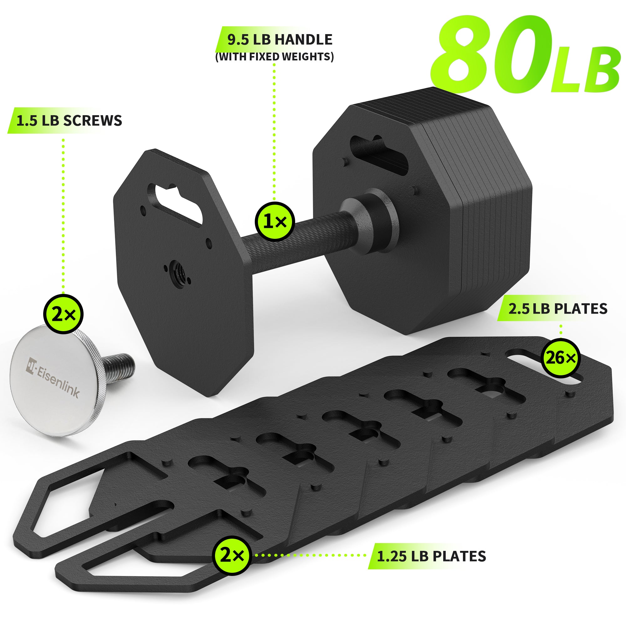 Eisenlink Adjustable Dumbbell Set, 9.5-50/80lb, 2.5lb Increments, Quick-Lock Octagonal Weight Dumbbells for Home Gym Fitness (50/80lb×2)